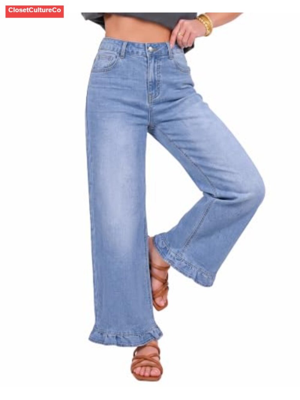 Wide Leg High Waisted Ankle Jeans Ruffle Hem Stretch Denim Pants